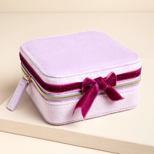 Lilac and Burgundy Velvet Bow Square Travel Jewellery Case