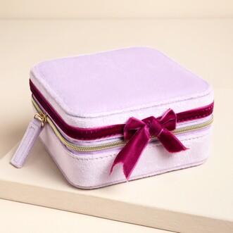 Lilac and Fuchsia Velvet Bow Square Travel Jewellery Case