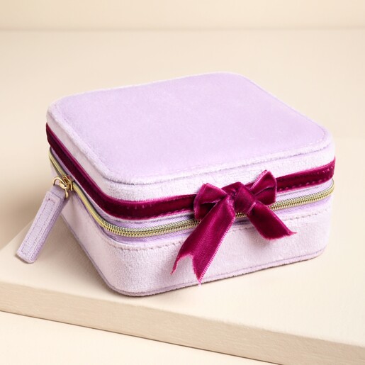 Lilac and Fuchsia Velvet Bow Square Travel Jewellery Case on a neutral background