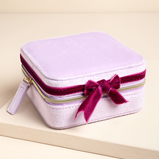 Lilac and Burgundy Velvet Bow Square Travel Jewellery Case