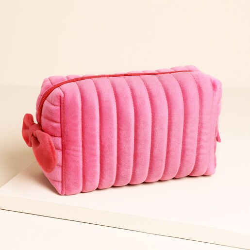 Pink and Red Velvet Bow Makeup Bag on a neutral background