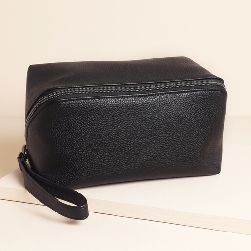 Men's Vegan Leather Wide Open Wash Bag in Black