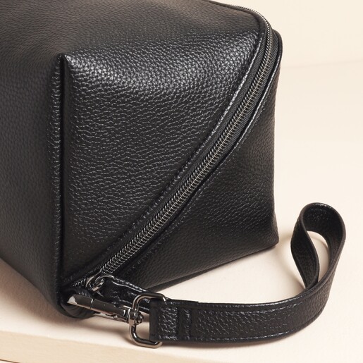Close Up of Men's Vegan Leather Wide Open Wash Bag in Black