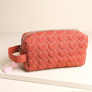 Rust Linen Heart Embroidered Makeup Bag