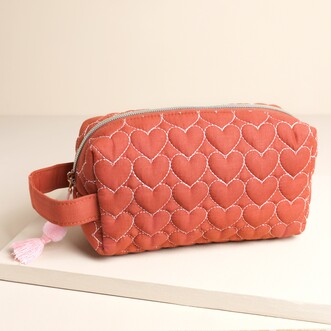 Linen Heart Embroidered Makeup Bag in Rust