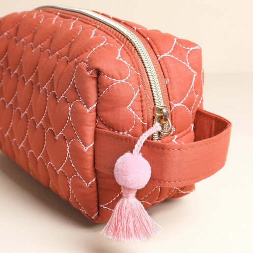 Rust Linen Heart Embroidered Makeup Bag featuring tassel and handle