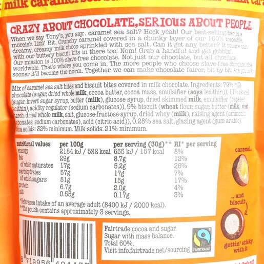 Back label of Tony's Chocolonely Littl' Bits Salted Caramel Sea Salt Biscuit