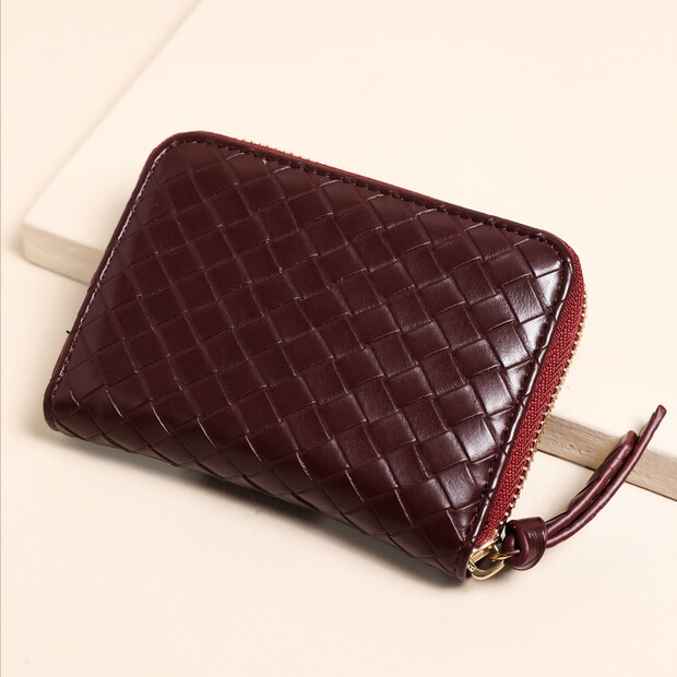 Vegan Leather Woven Zip Around Purse in Burgundy