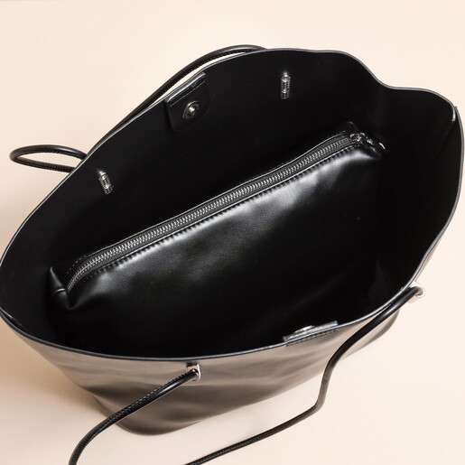 Inside Black Vegan Leather Over Shoulder Tote Bag and Pouch