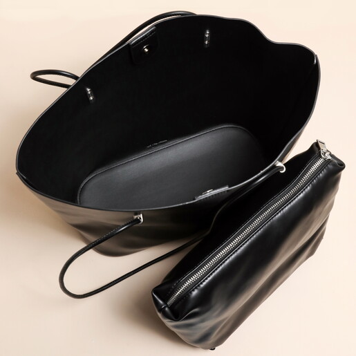 Black Vegan Leather Over Shoulder Tote Bag and Pouch