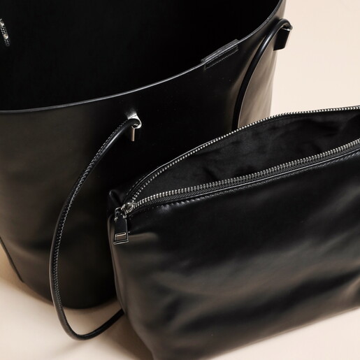 Black Vegan Leather Over Shoulder Tote Bag and Pouch