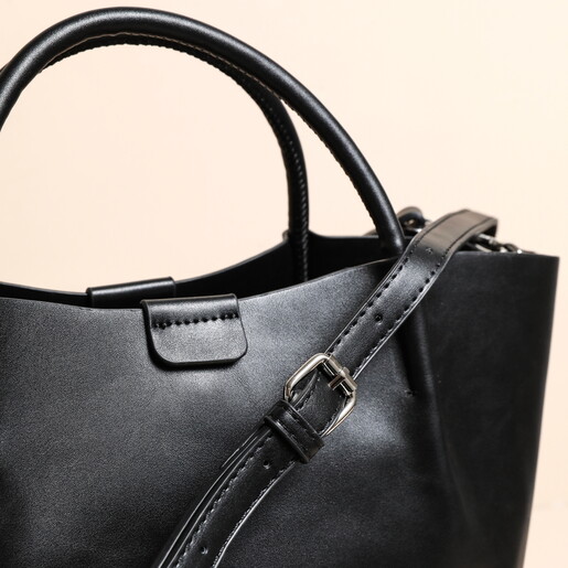 Close Up of Handles on Black Vegan Leather Grab Handbag