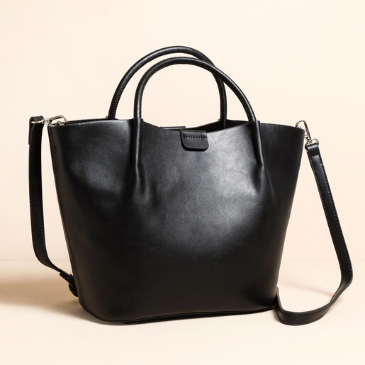 Black Vegan Leather Grab Handbag With Strap