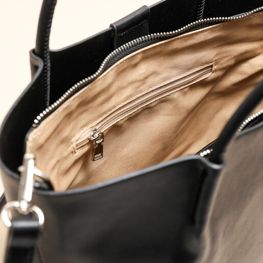 Beige Lining in Black Vegan Leather Grab Handbag