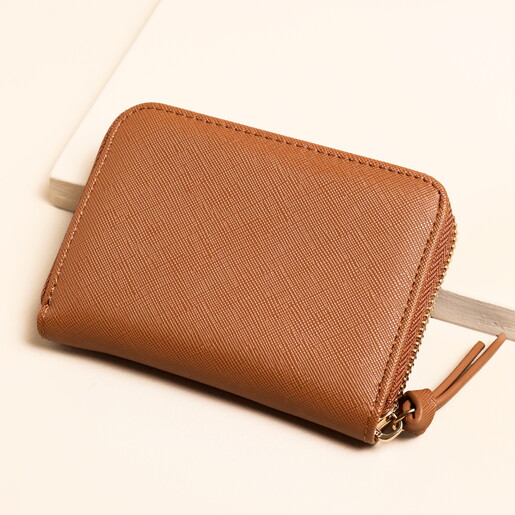 Vegan Leather Zip Around Purse in Tan
