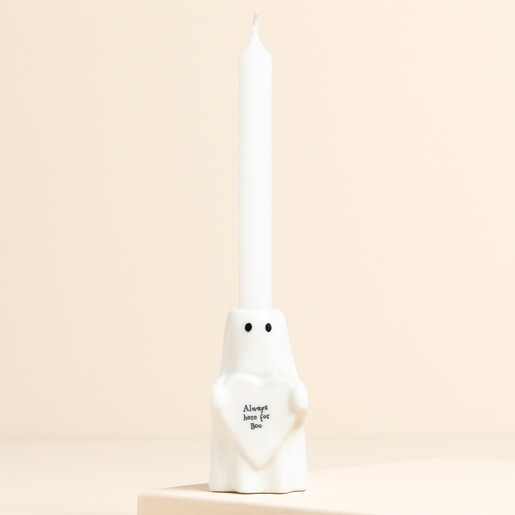 East of India Always Here For Boo Ghost Candle Holder with candle