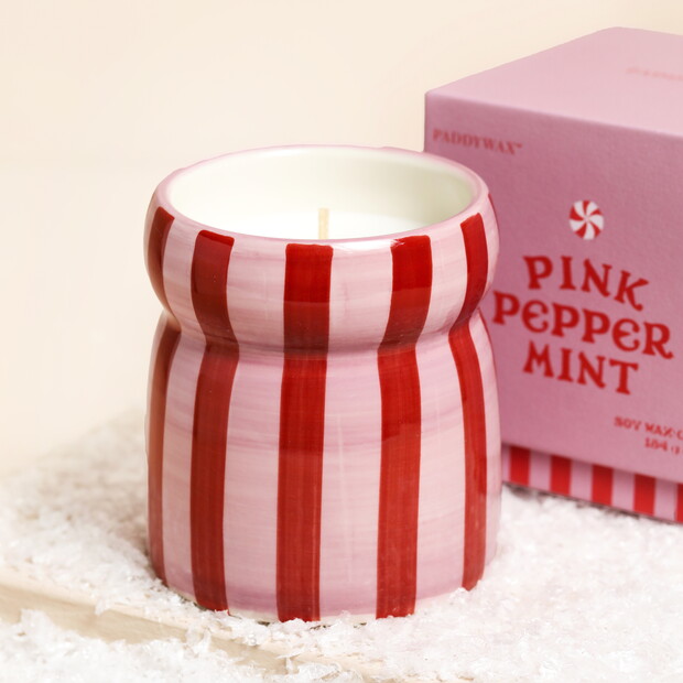 Paddywax Peppermint Cabana Pink Striped Ceramic Candle