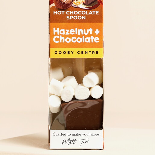 Close Up of Gnaw Gooey Centre Hazelnut Hot Chocolate Spoon with Marshmallows