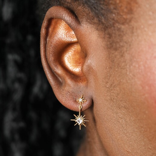 Crystal Double Star Drop Earrings in Gold on Model