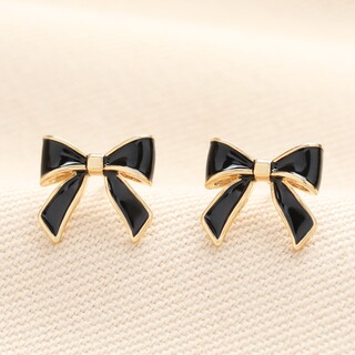 Black Enamel Bow Stud Earrings in Gold