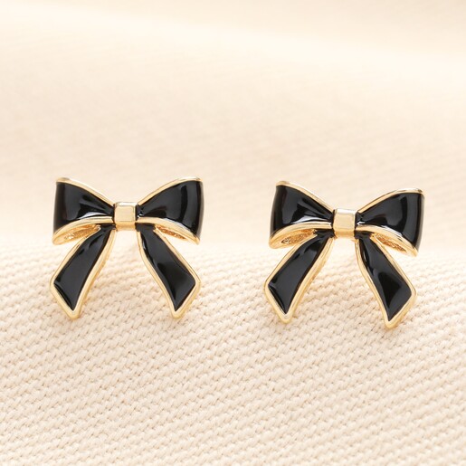 Black Bow Stud Earrings in Gold