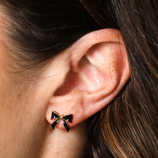 Black Bow Stud Earrings in Gold