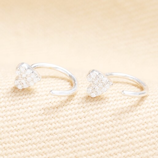 Sterling Silver Tiny Loop Heart Huggie Hoop Earrings in Silver