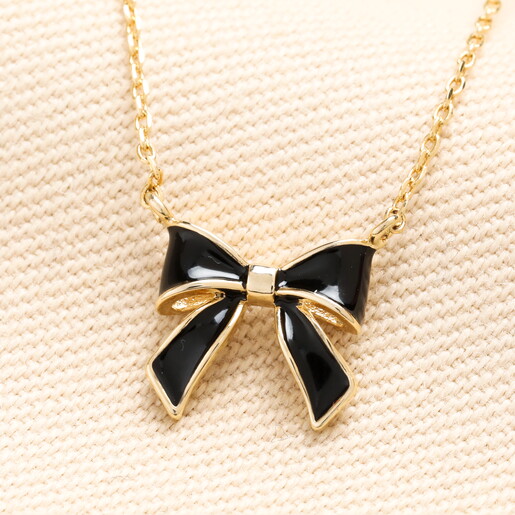 Black Enamel Bow Pendant Necklace in Gold