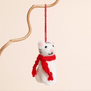 Felt Festive Cat with Red Scarf Hanging Decoration