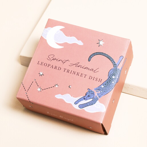 Packaging for the Spirit Animal Leopard Scalloped Ceramic Trinket Dish