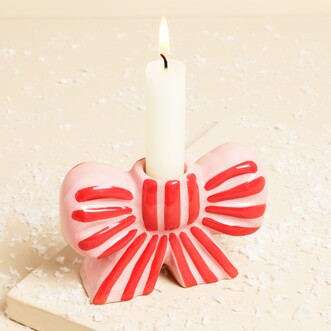 Pink and Red Striped Bow Ceramic Candle Holder