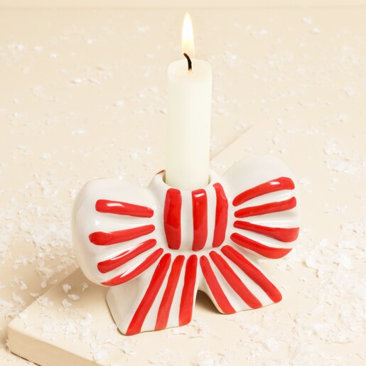 Red and White Striped Bow Ceramic Candle Holder