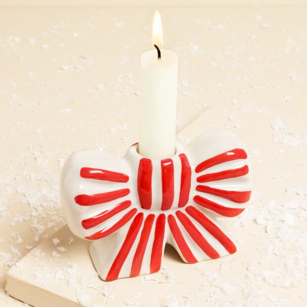 Red and White Striped Bow Ceramic Candle Holder