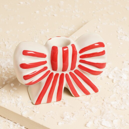 Red and White Striped Bow Ceramic Candle Holder