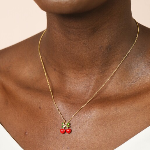 Model Wearing Enamel Cherry Bow Pendant Necklace in Gold
