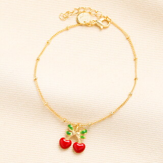 Enamel Cherry Bow Charm Bracelet in Gold