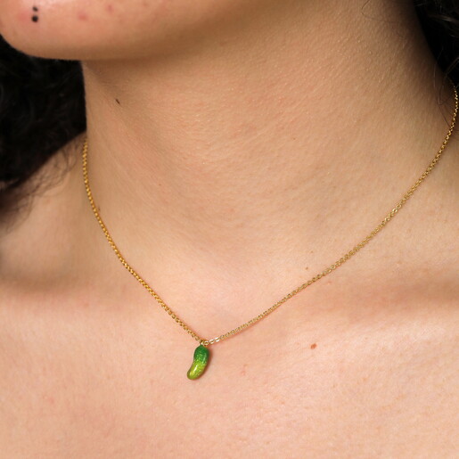 Enamel Green Pickle Pendant Necklace in Gold