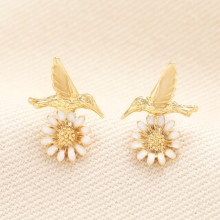 Hummingbird Flower Stud Earrings in Gold