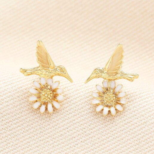 Hummingbird Flower Stud Earrings in Gold