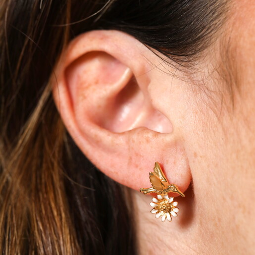 Hummingbird Flower Stud Earrings in Gold