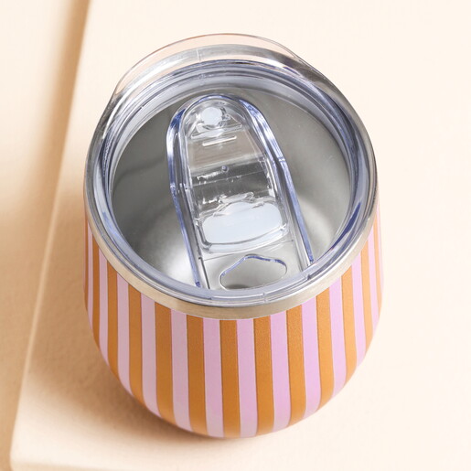 Top Down View of Orange and Pink Striped Insulated Travel Mug 