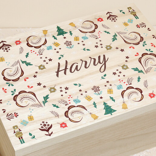 Illustrated lid and name Close up of Personalised Nutcracker Wooden Christmas Eve Box