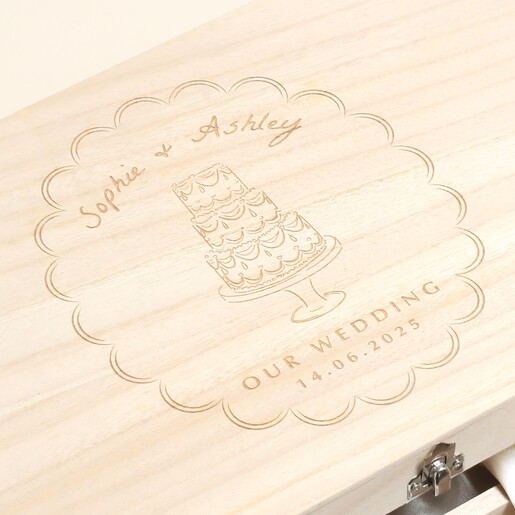 Close Up of Personalised Wedding Wooden Hamper Box