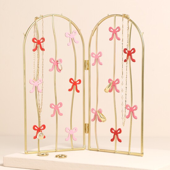 Pink and Red Bow Folding Metal Jewellery Stand in Gold