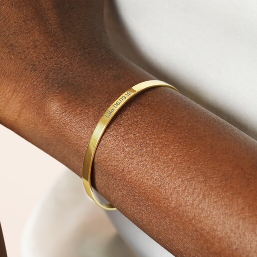 Bracelet on Model Personalised Sterling Silver Flat Open Torque Bangle in Gold on Model
