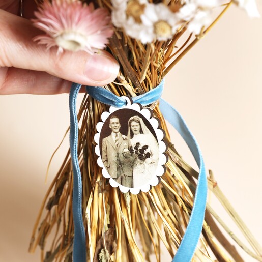Close up of Personalised Photo Wedding Bouquet Token