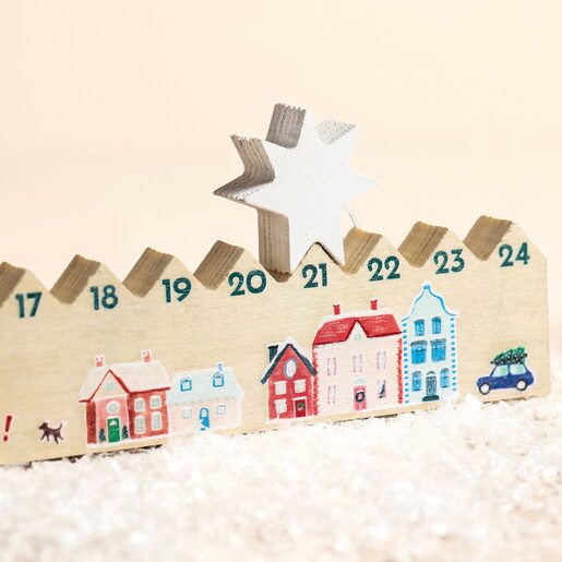 Close Up of Personalised Festive Town Wooden Christmas Advent Countdown