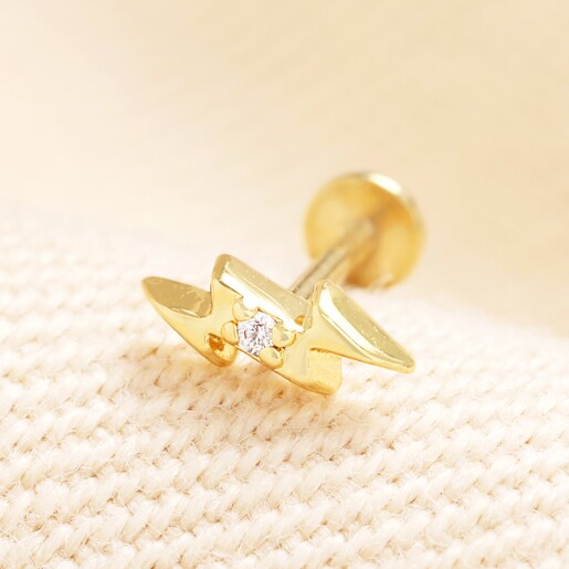 Sterling Silver Lightning Bolt Flat Back Piercing Earring in Gold