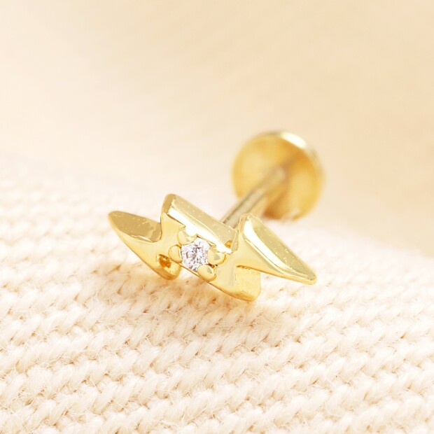 Sterling Silver Lightning Bolt Flat Back Piercing Earring in Gold