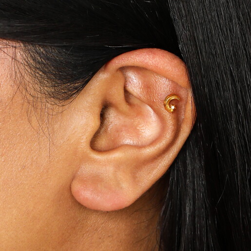 Sterling Silver Crystal Crescent Moon Piercing Earring in Gold